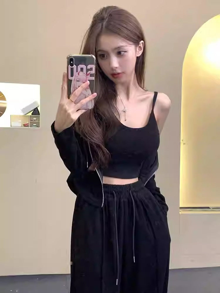 Spring and Summer New Fashion Set, Elegant Sexy Women's Crop Top, Long Sleeve Cardigan, High Waist Floor-Length Pants 3-Piece Set