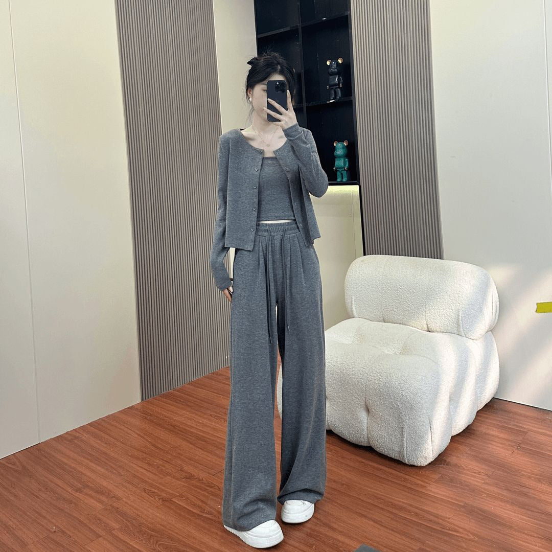 Autumn Lightweight Activewear Set, Casual Fashionable Loose Wide-Leg Pants with Cardigan Jacket, 3-Piece Women's Outfit