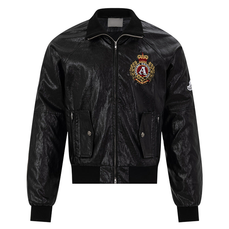 Retro badge leather jacket with zipper and loose fit for women