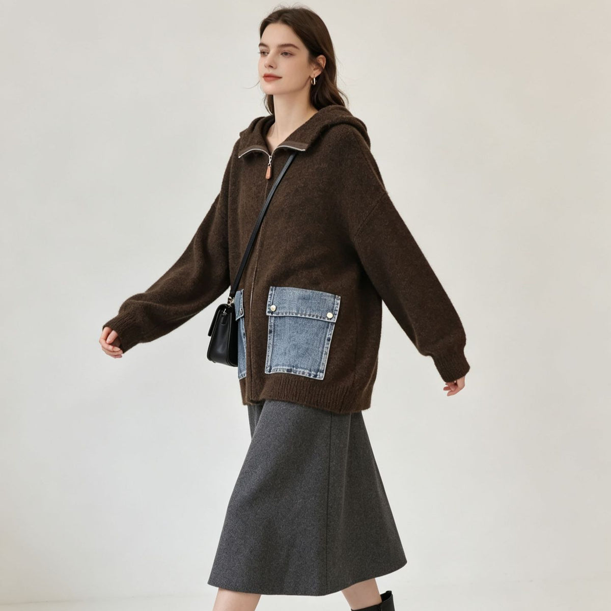 Hooded zipper loose cardigan sweater for women