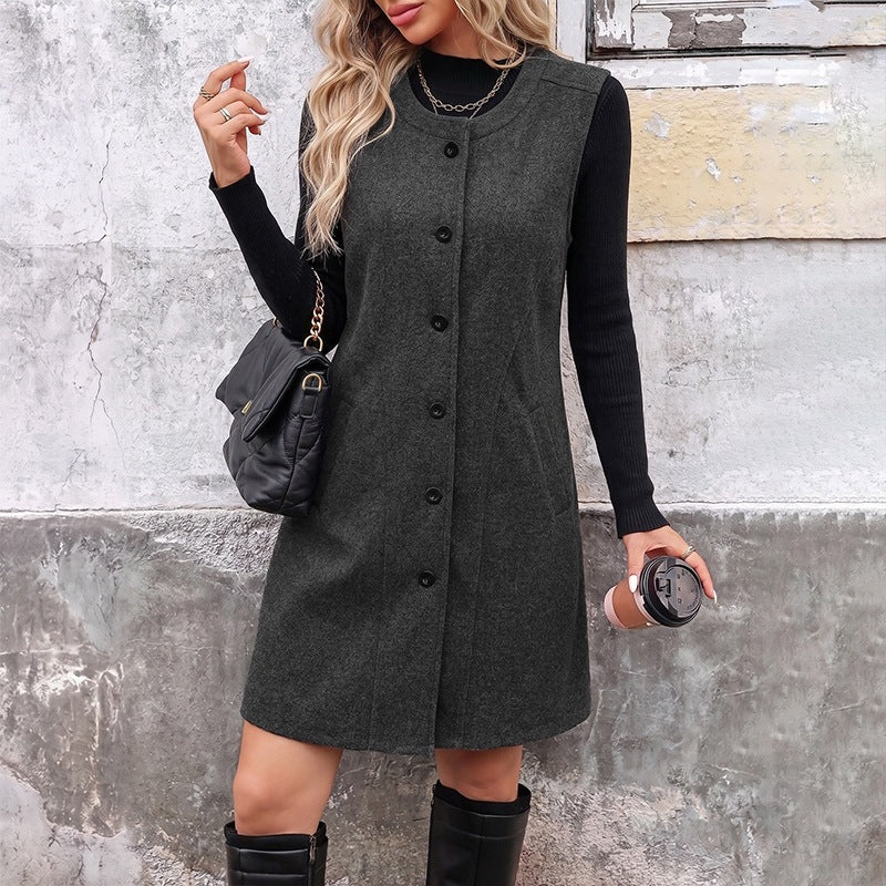 Women's Sleeveless Long Round Neck Woolen Vest Coat