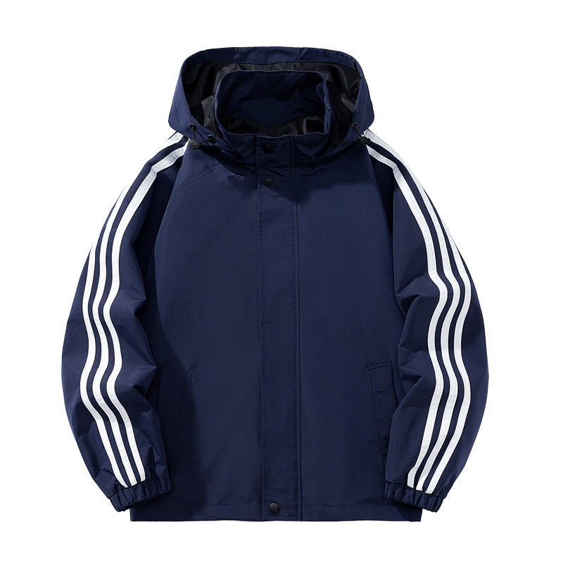 Casual Hooded Jacket for Men, Spring and Autumn Style, Trendy Three-Stripe Design, Loose Fit, Sporty Outerwear