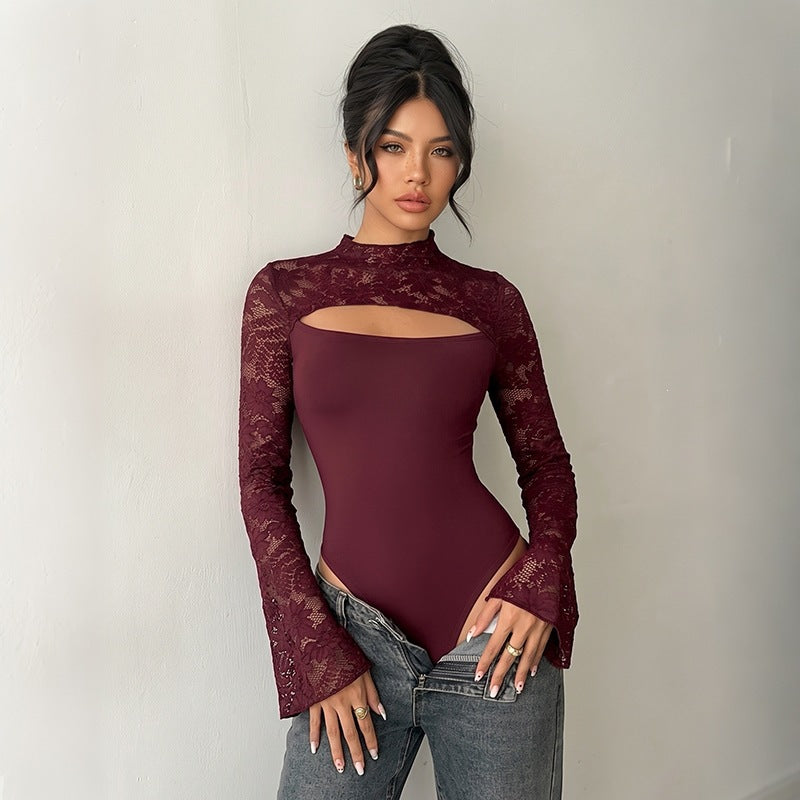 Women's Lace Long Sleeve Mock Neck Cut Out Sheer Spliced Jumpsuit