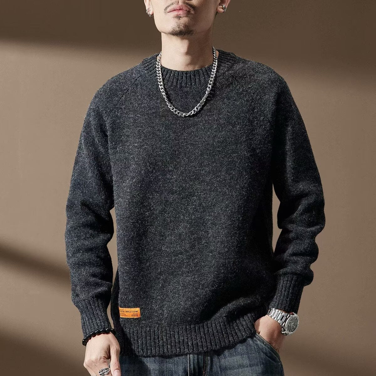 Men's Vintage Long Sleeve Crew Neck Knit Sweater - Loose Fit Thick Pullover Top