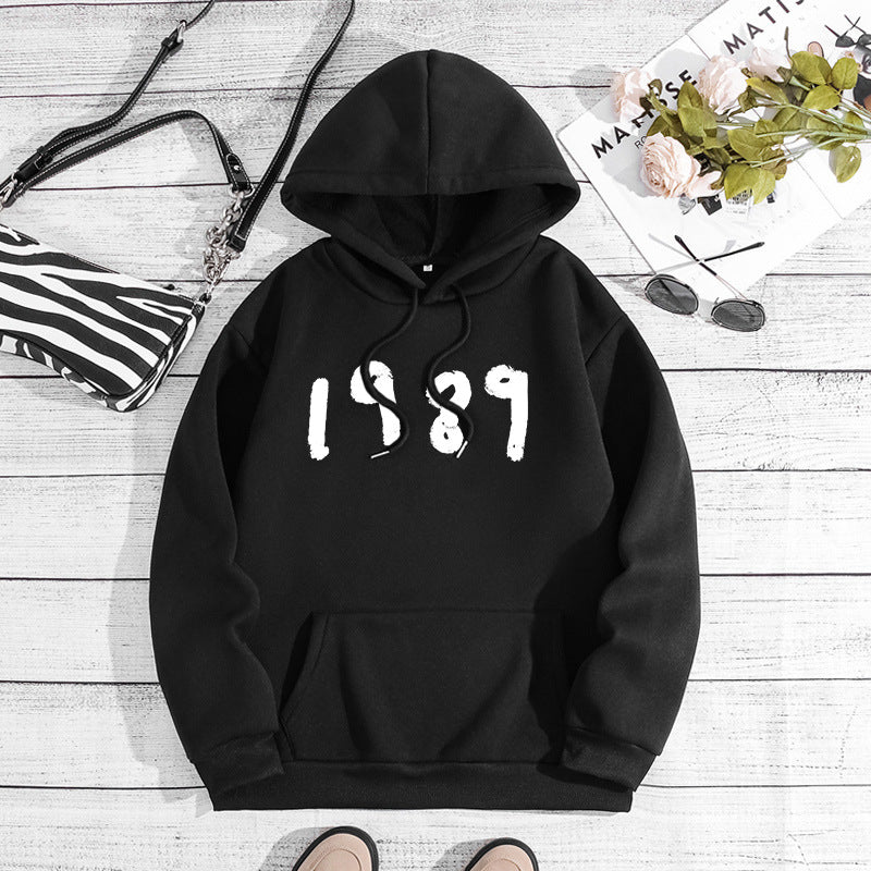 Printed hooded back collar with fleece hoodie for women