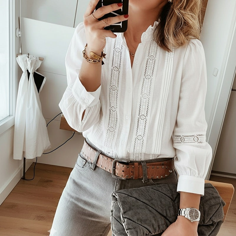 Splicing Lace Hollow Out Long Sleeve Stand Collar White Shirt