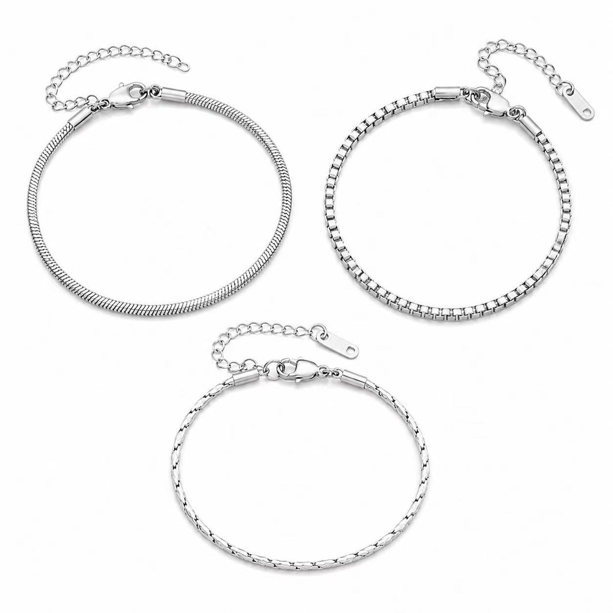 Stainless Steel Silver 3 Piece Set Bracelet Snake Chain Cube Link Jewelry for Men Women
