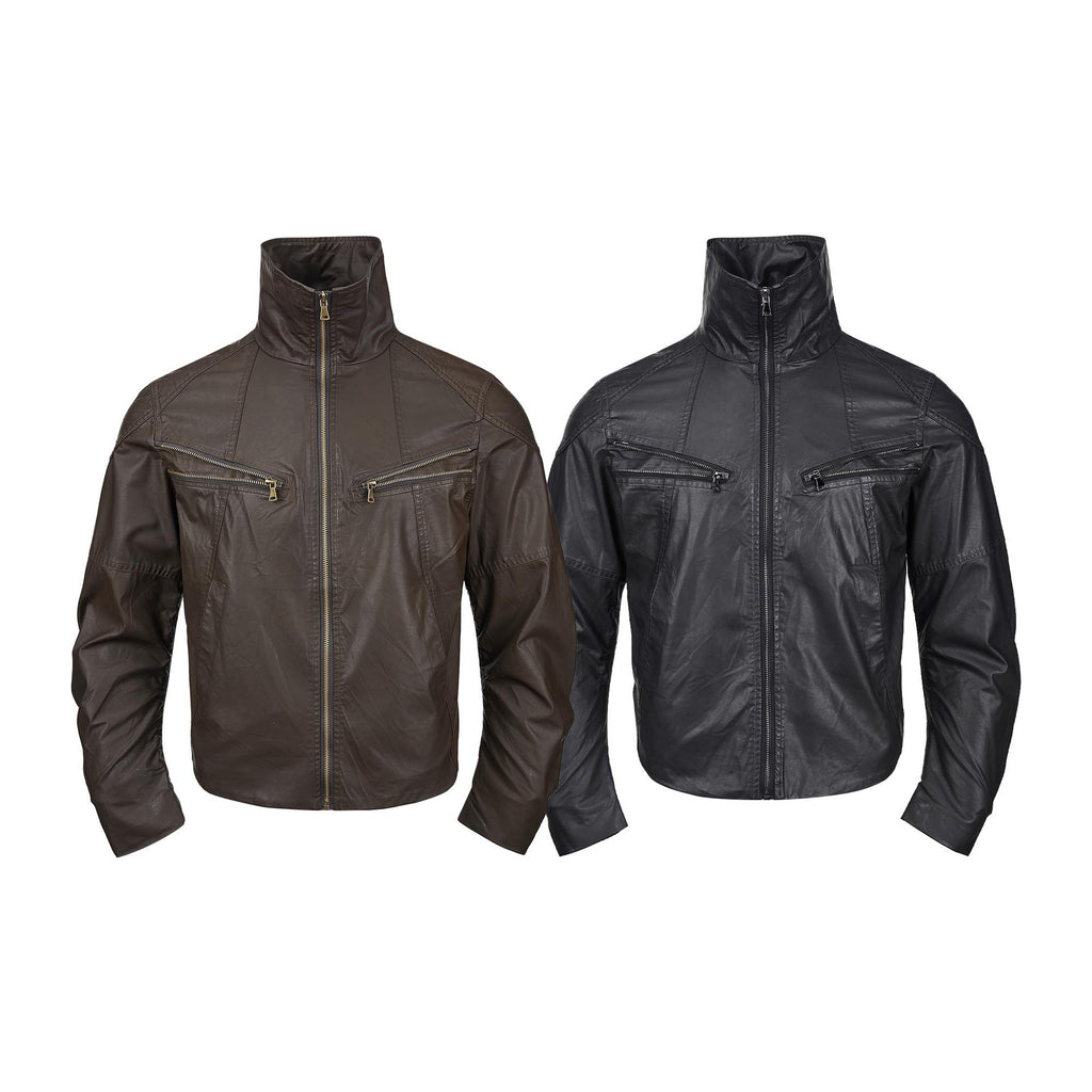 Deconstructed Stand Collar PU Leather Hunting Jacket