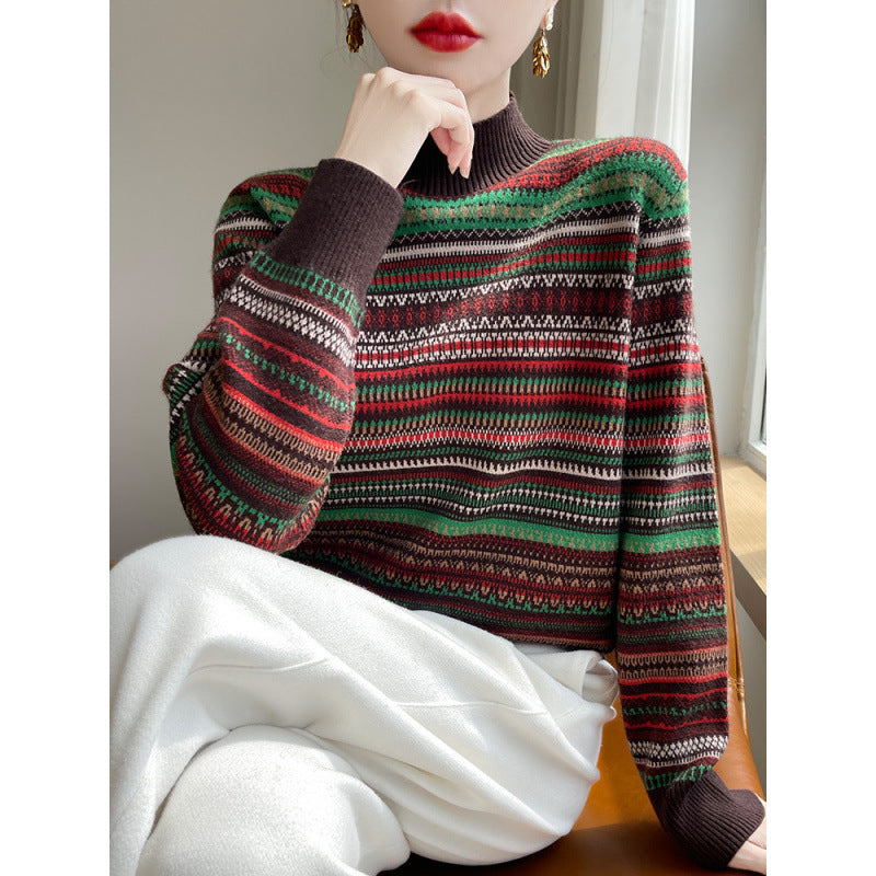 High Neck Retro Jacquard Sweater Women Top Pullover Colorful Knitwear