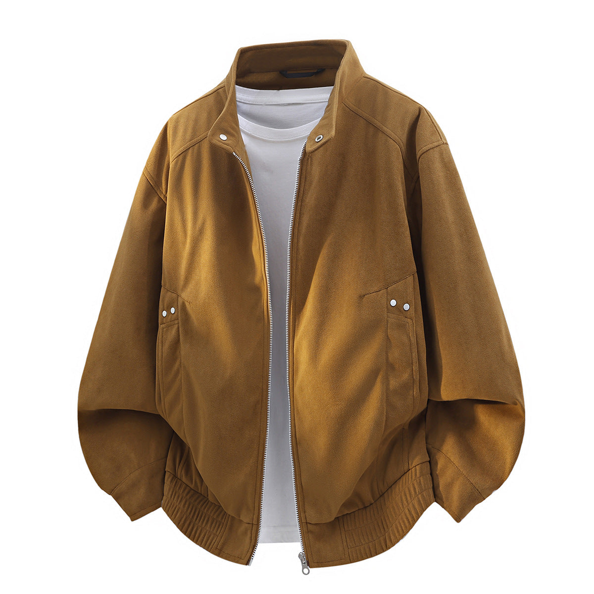 Old Money Style Faux Suede Men's Jacket Stand Collar Loose Fit with Rivet Details