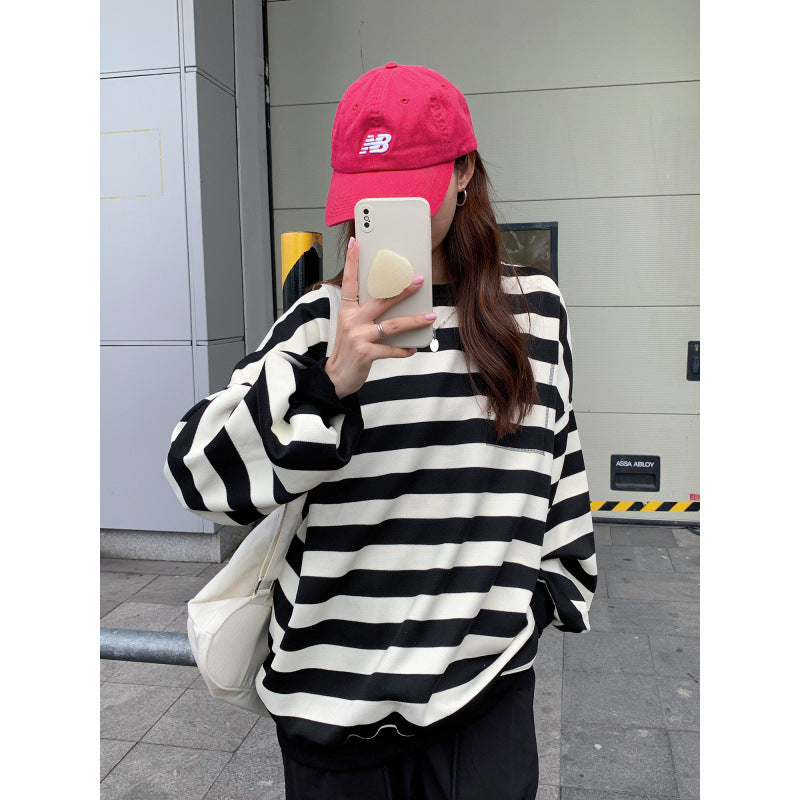 Relaxed Striped Crew Neck Sweatshirt for Women