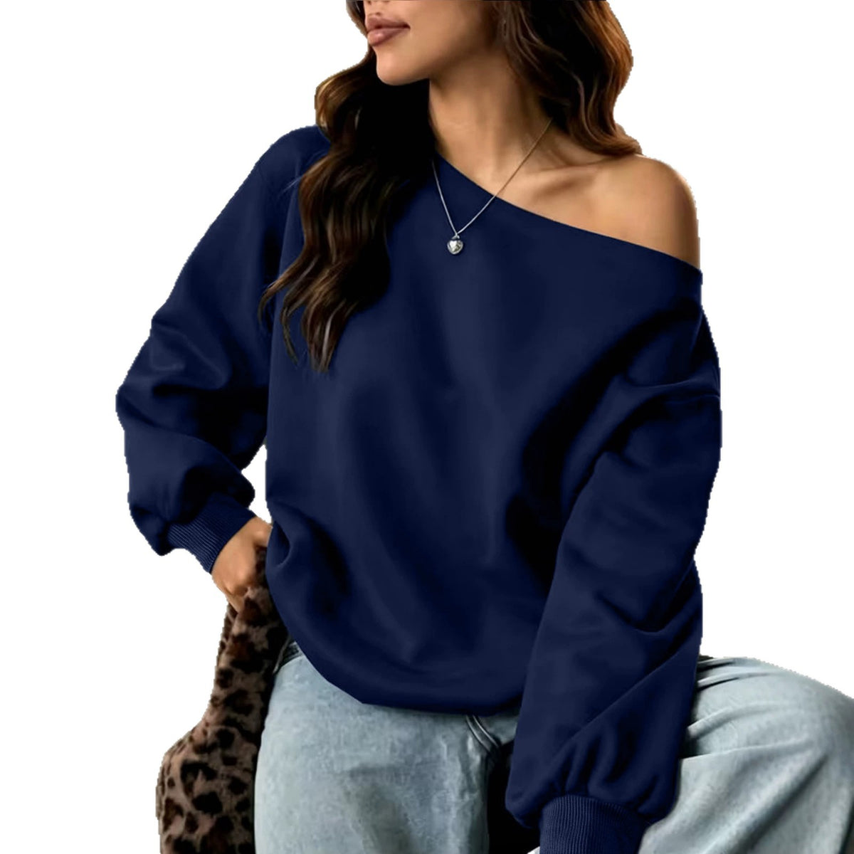 Women's sloping shoulder long sleeved hoodie