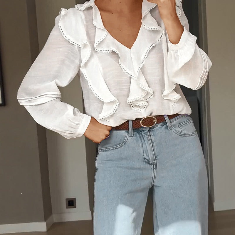 Lace Splicing Ruffle Long Sleeve V-Neck White Women's Shirt