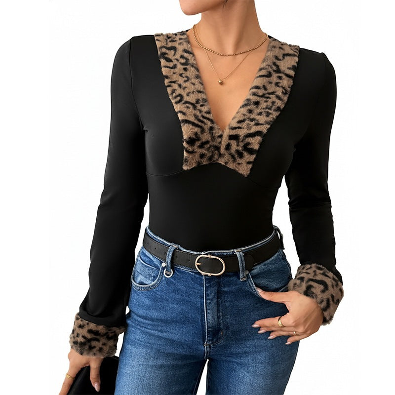 Leopard Print Long Sleeve Splicing V-Neck Women's Jumpsuit