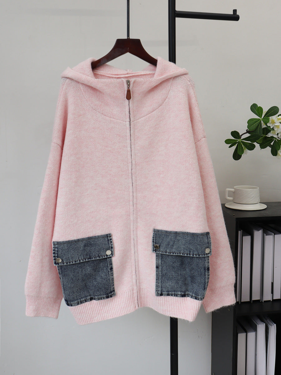 Hooded zipper loose cardigan sweater for women