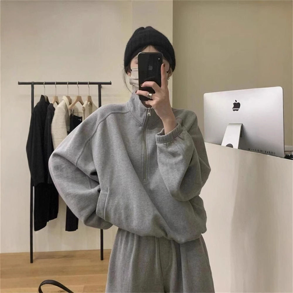 Fashion Trendy Women's Casual Sporty Outfit for Spring and Autumn, Loose Fit with Stand-Up Collar Hoodie and Matching Pants Two-Piece Set