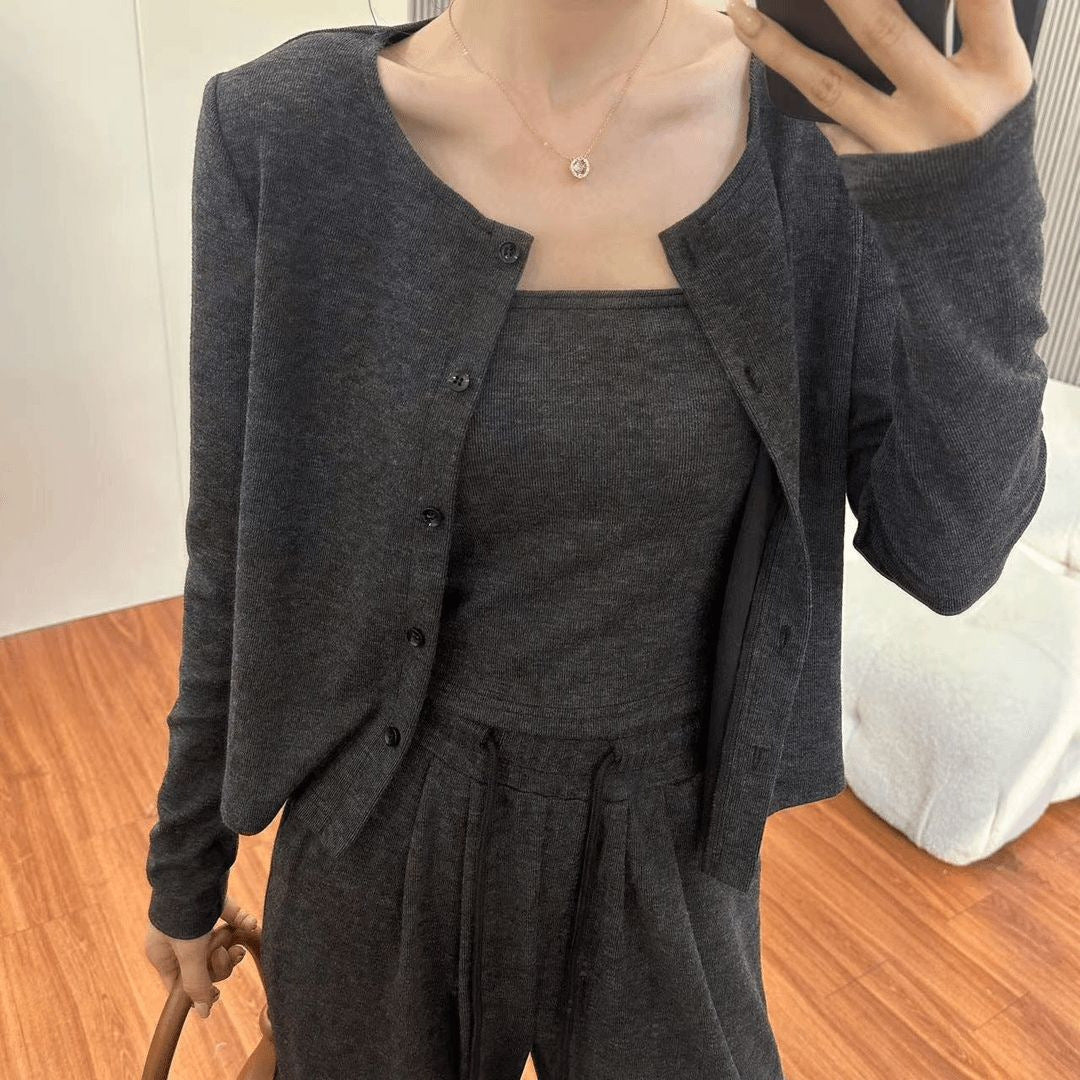 Autumn Lightweight Activewear Set, Casual Fashionable Loose Wide-Leg Pants with Cardigan Jacket, 3-Piece Women's Outfit