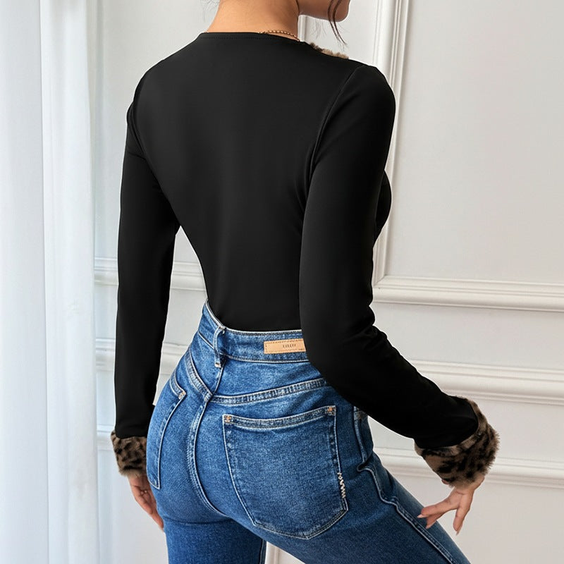 Leopard Print Long Sleeve Splicing V-Neck Women's Jumpsuit