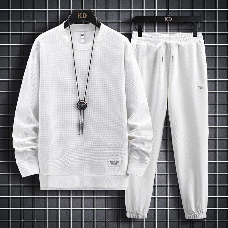 Men's Waffle Knit Casual Long Sleeve Long Pants Two-Piece Set