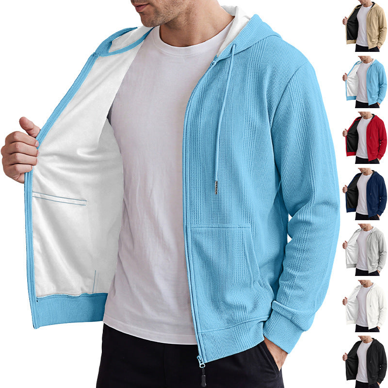Men's Heavyweight Jacquard Waffle Hooded Loose Open Cardigan Sweatshirt