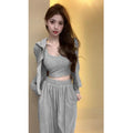 Spring and Summer New Fashion Set, Elegant Sexy Women's Crop Top, Long Sleeve Cardigan, High Waist Floor-Length Pants 3-Piece Set