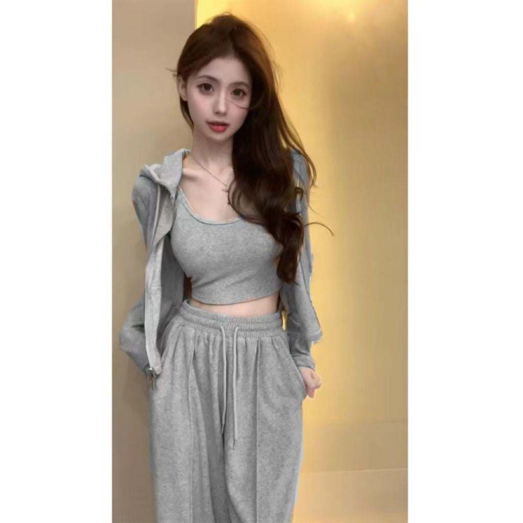 Spring and Summer New Fashion Set, Elegant Sexy Women's Crop Top, Long Sleeve Cardigan, High Waist Floor-Length Pants 3-Piece Set