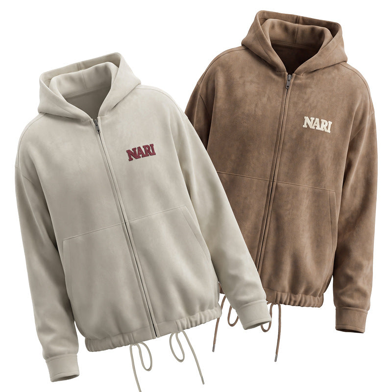 Coffee suede hooded cardigan jacket for women