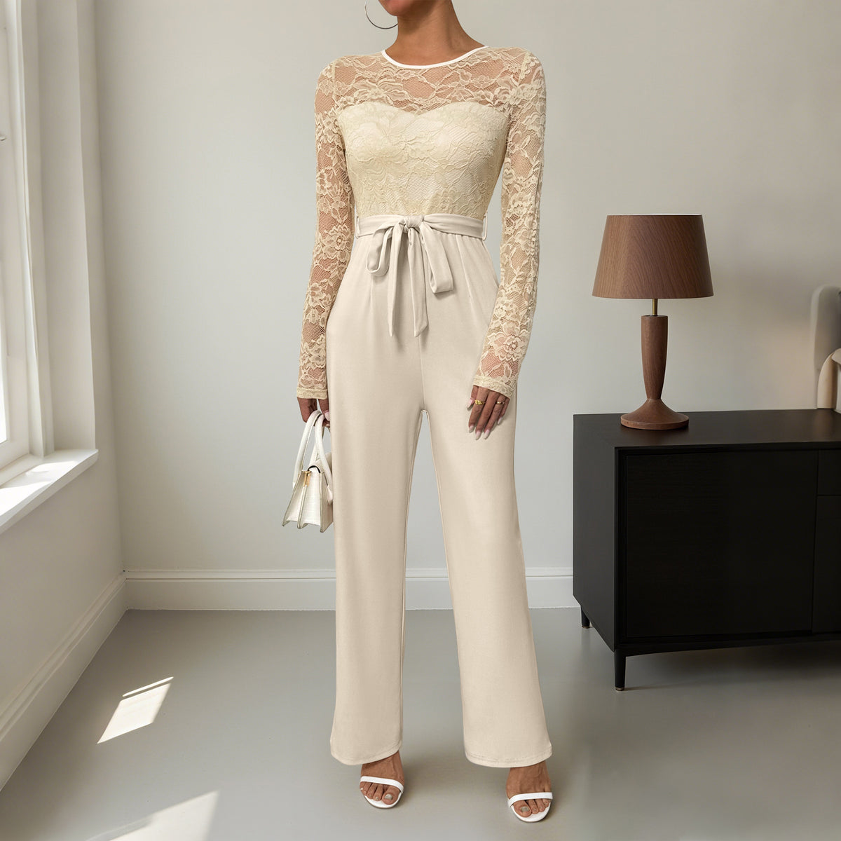 Women's Long Sleeve Drapey Lace Wide Leg Patchwork Tie Waist Loose Fit