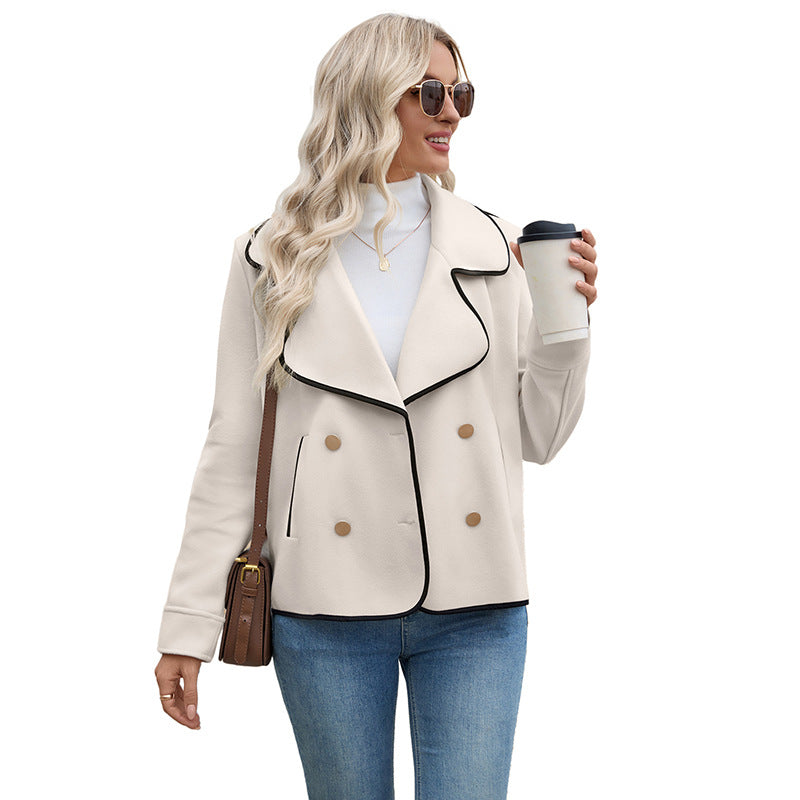 Woolen Double-Breasted Lapel Coat with Pockets