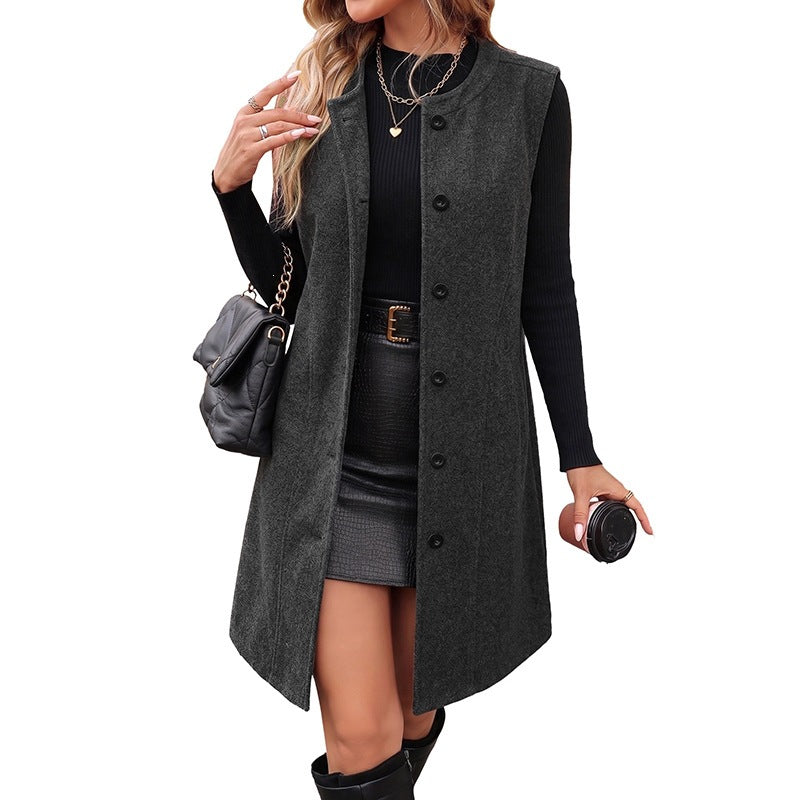 Women's Sleeveless Long Round Neck Woolen Vest Coat
