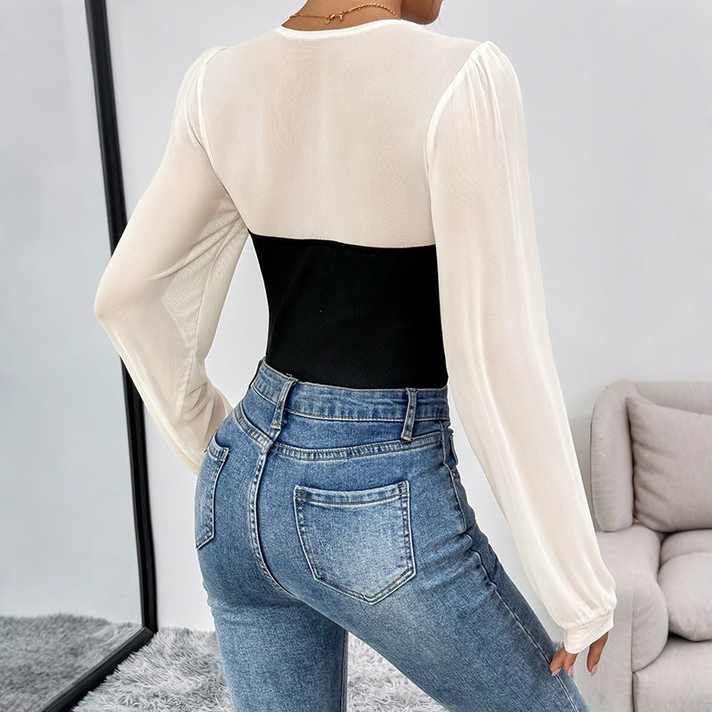 Women's Elegant Square Neck Long Sleeve Knit Color Block Patchwork Slim Fit Bodysuit