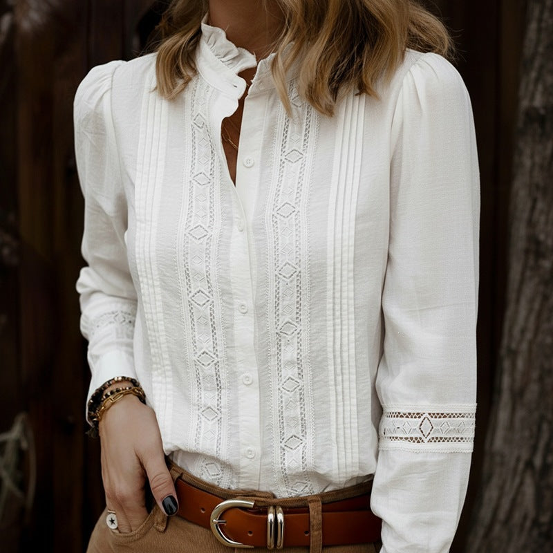 Splicing Lace Hollow Out Long Sleeve Stand Collar White Shirt
