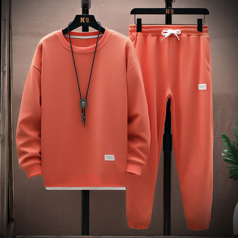 Men's Waffle Knit Casual Long Sleeve Long Pants Two-Piece Set