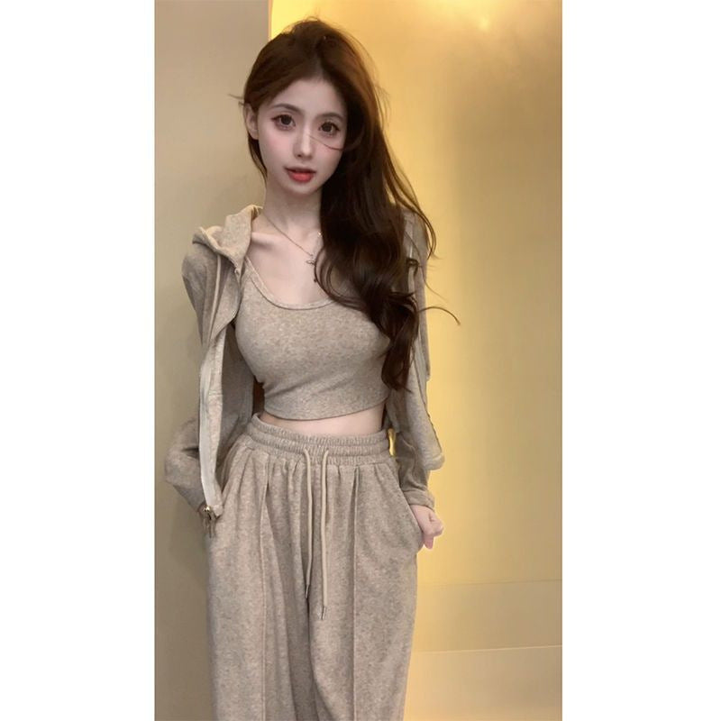 Spring and Summer New Fashion Set, Elegant Sexy Women's Crop Top, Long Sleeve Cardigan, High Waist Floor-Length Pants 3-Piece Set