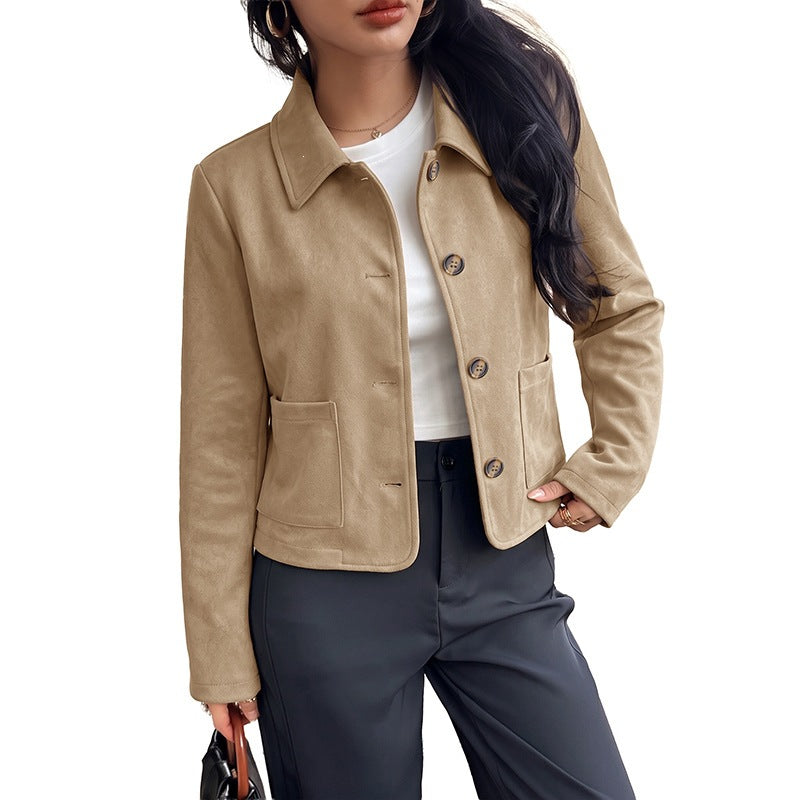 Vintage Long Sleeve Lapel Collar Cropped Loose Fit Jacket