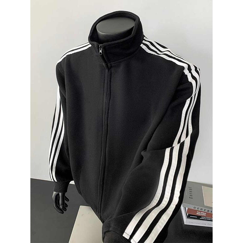 Men's Vintage Color Block Striped Long Sleeve Zip-up Stand Collar Casual Jacket
