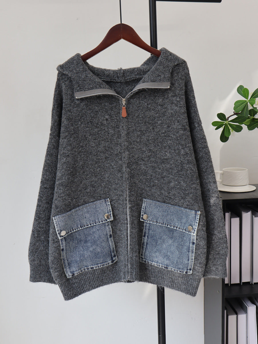 Hooded zipper loose cardigan sweater for women