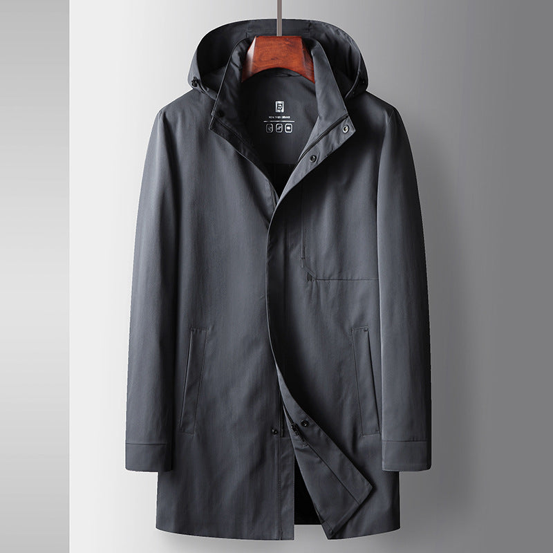 Men's Business Casual Light Luxury Stand Collar Detachable Hood Mid-Length Trench Coat