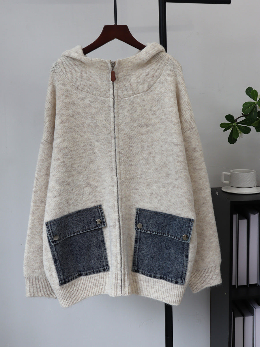 Hooded zipper loose cardigan sweater for women