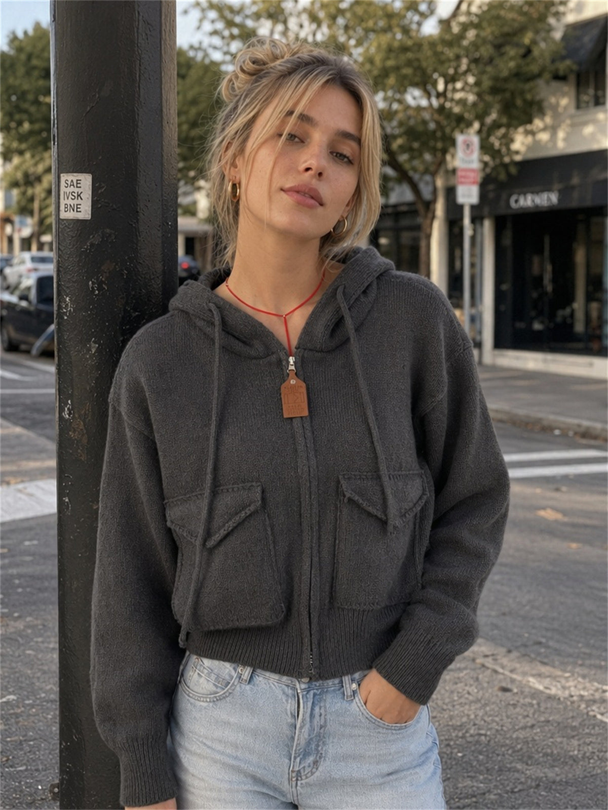 Hooded zipper cardigan with double pockets sweater