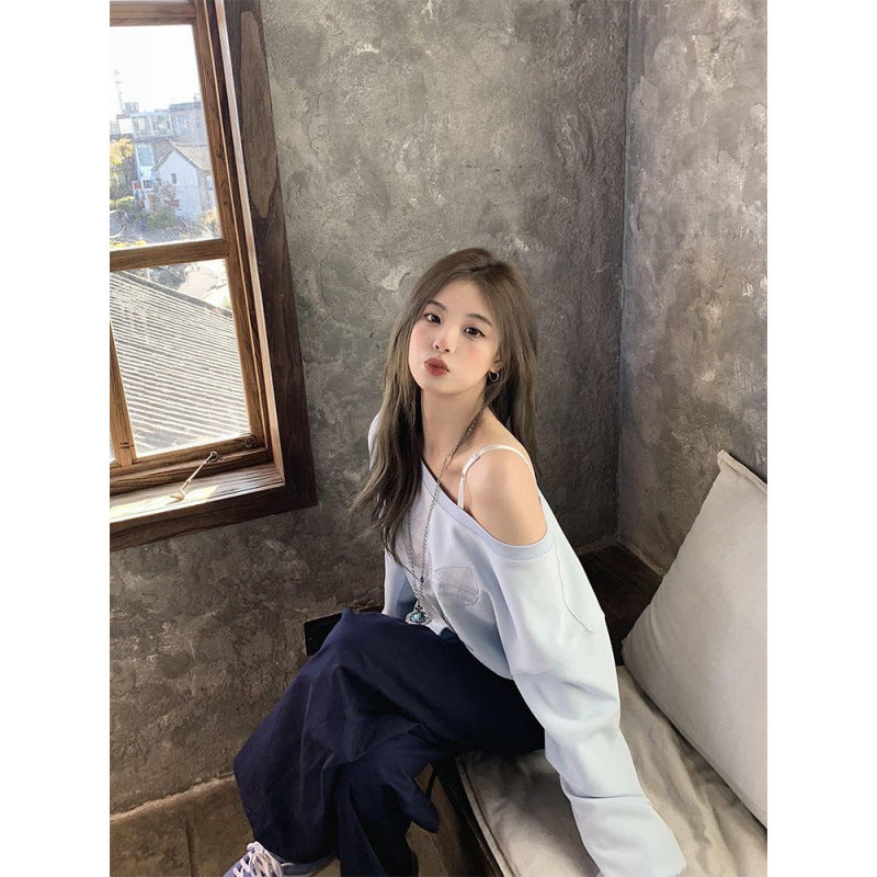 Women's Loose Color Block Long Sleeve Asymmetric Collar Pullover