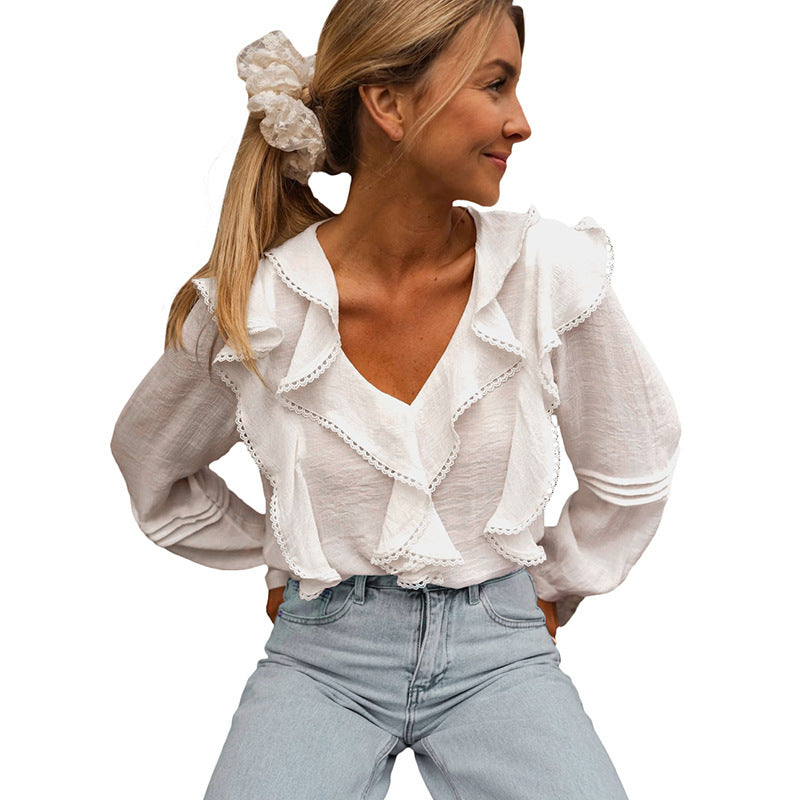 Lace Splicing Ruffle Long Sleeve V-Neck White Women's Shirt