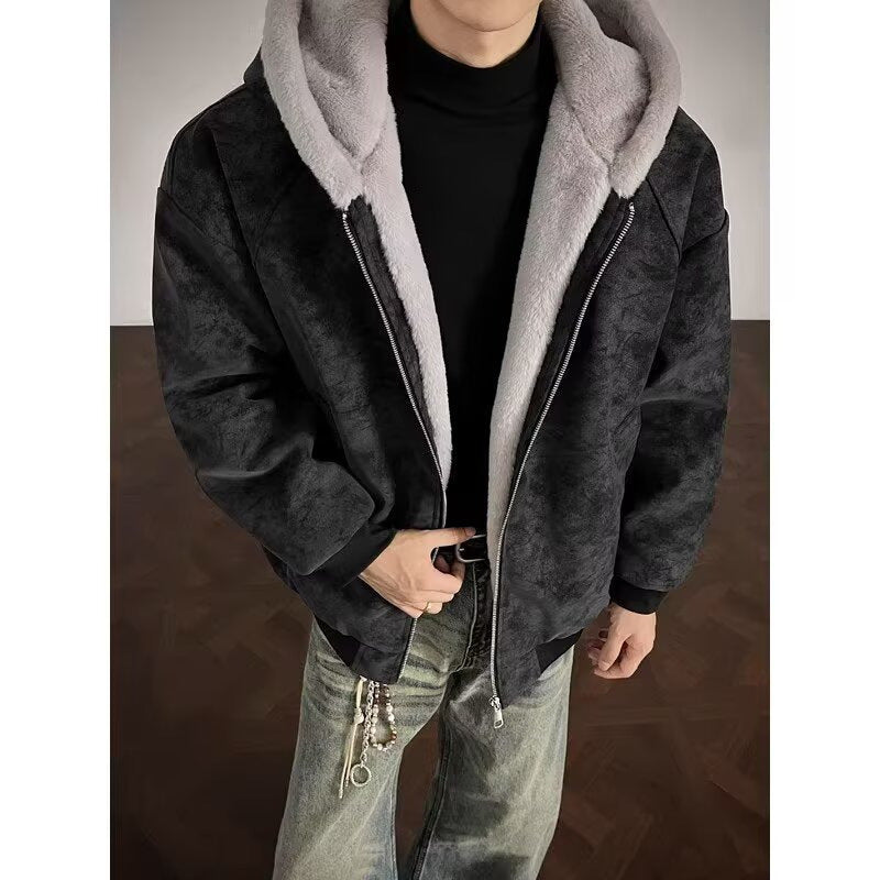 Leather Rabbit Fur Plush Fleece Lined Jacket Unisex Winter Thickened Warm Outerwear
