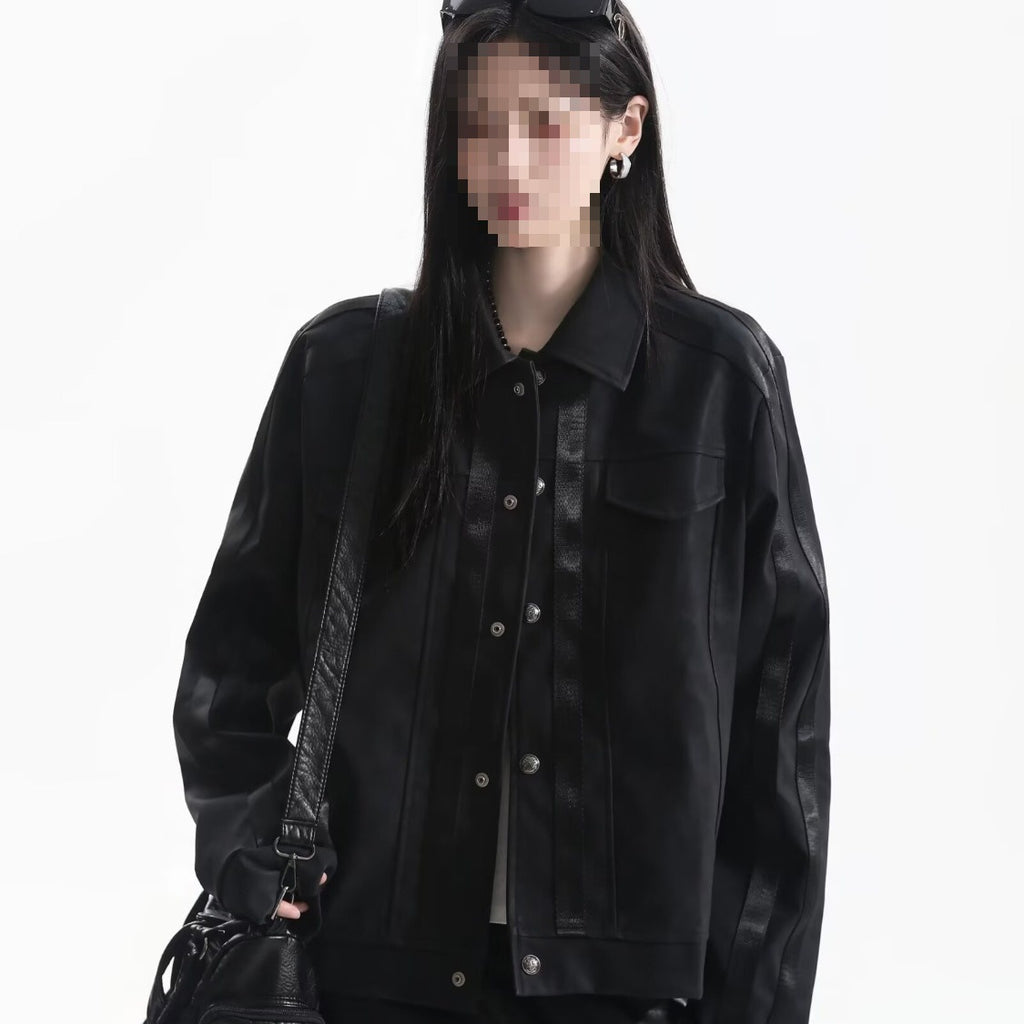 Retro Casual Solid Color Long Sleeve Lapel Loose Leather Jacket