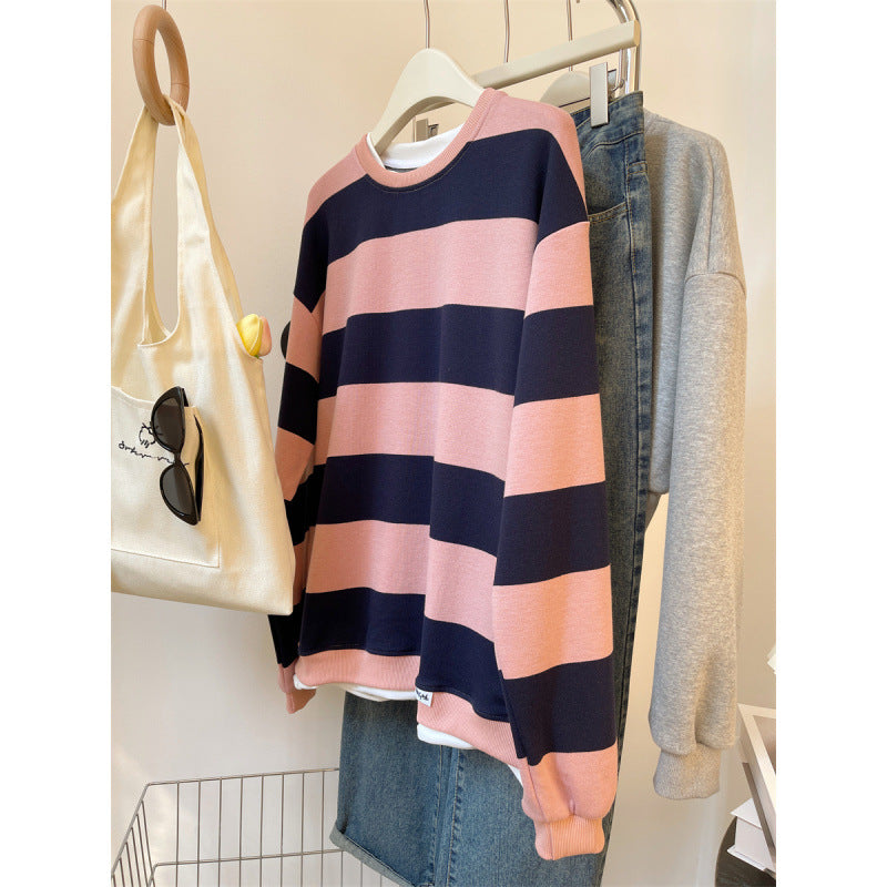 Women's Casual Striped Hoodie - Round Neck Long Sleeve Loose Fit Sweater Top