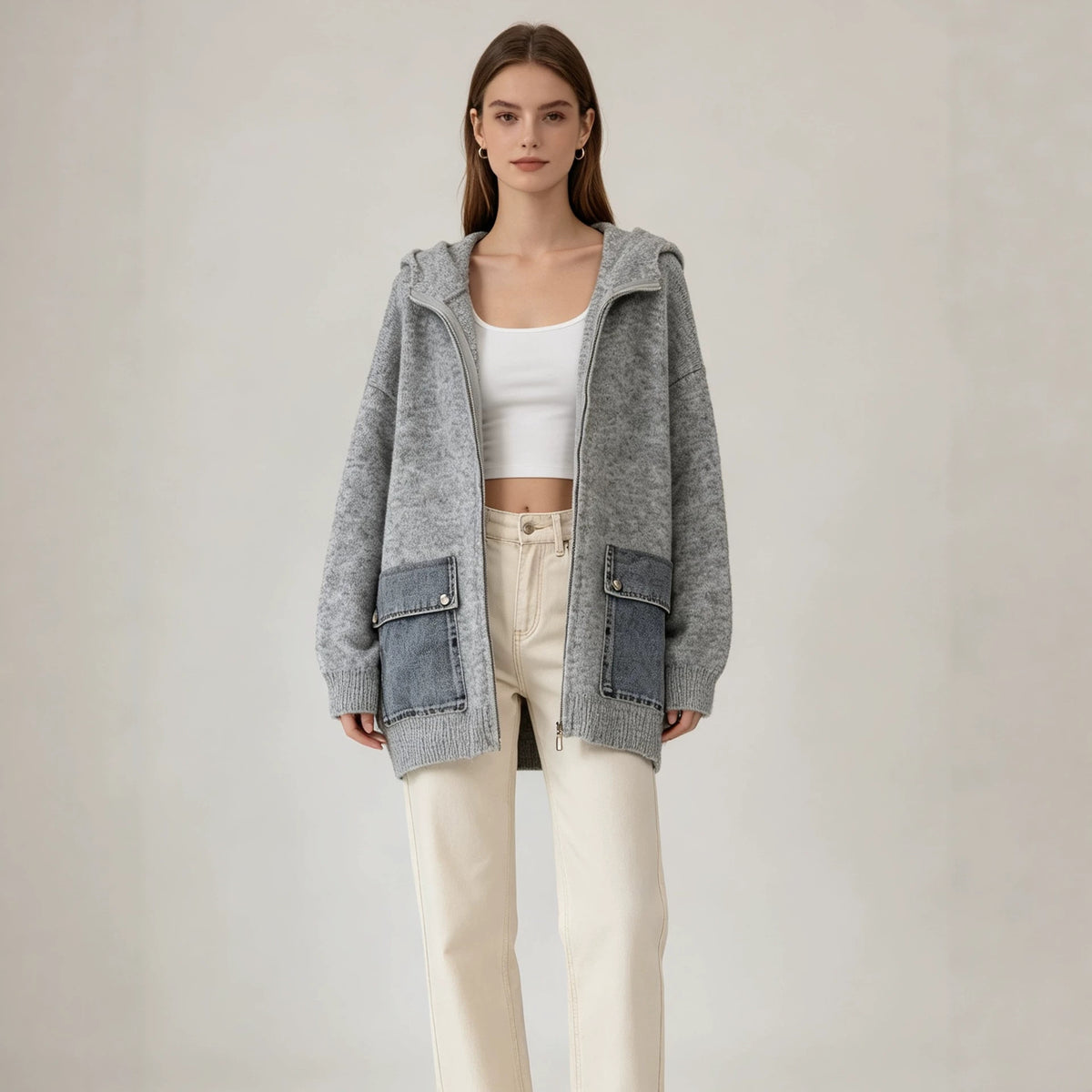 Hooded zipper loose cardigan sweater for women