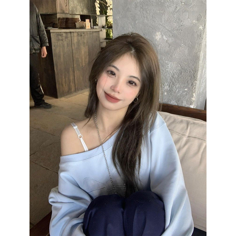 Women's Loose Color Block Long Sleeve Asymmetric Collar Pullover