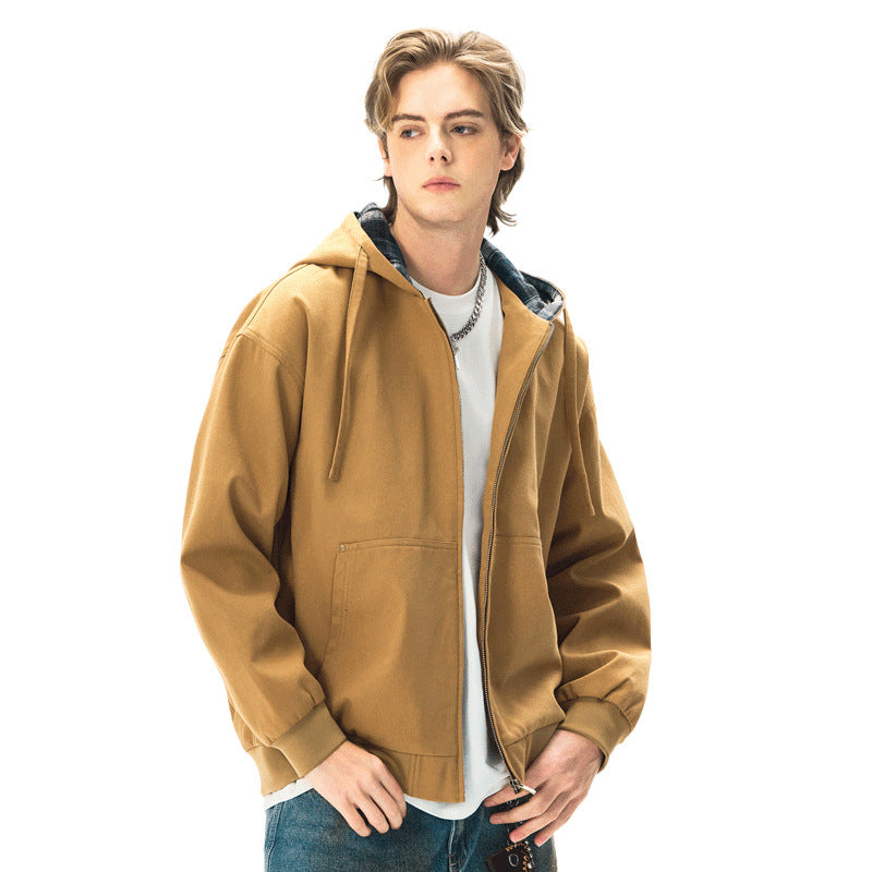 Men's  Retro Distressed Washed Canvas Hooded Padded Jacket Open Front Long Sleeve Coat