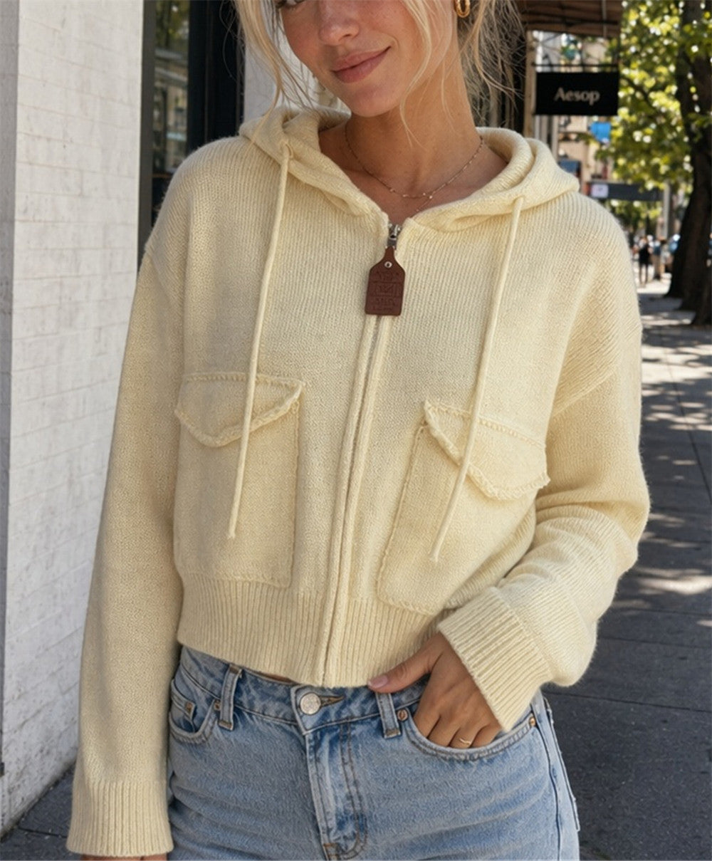 Hooded zipper cardigan with double pockets sweater
