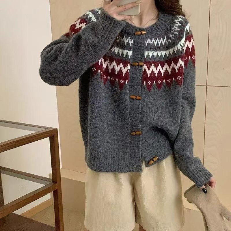 Cow horn buckle lazy style sweater cardigan jacket for women